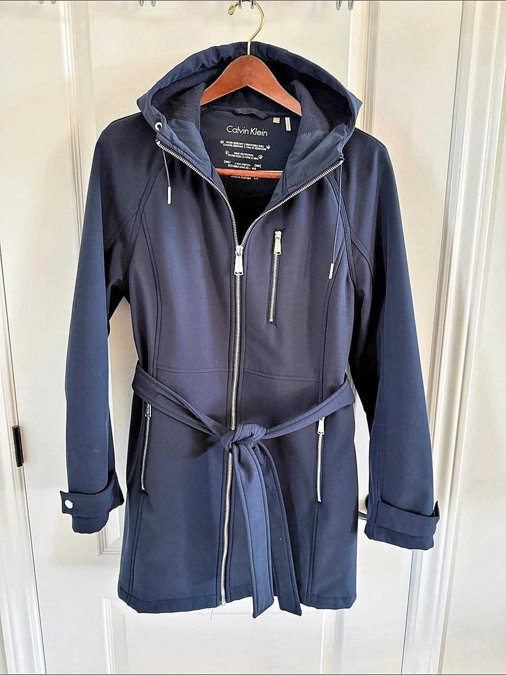 Calvin Klein Belted Softshell Hooded Trench Coat Blue Large